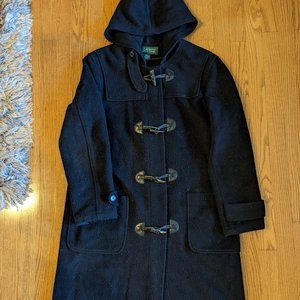 VINTAGE 90s RALPH LAUREN Hooded Long Wool Trench Toggle Duffle Jacket Coat Black